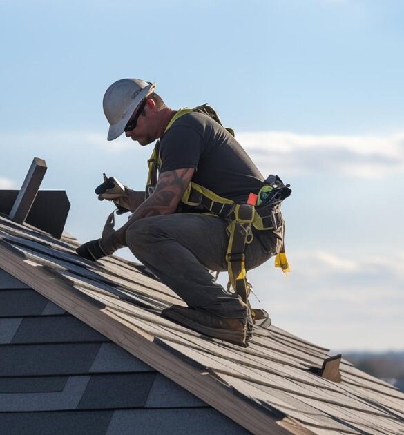 Man installing roof shingles